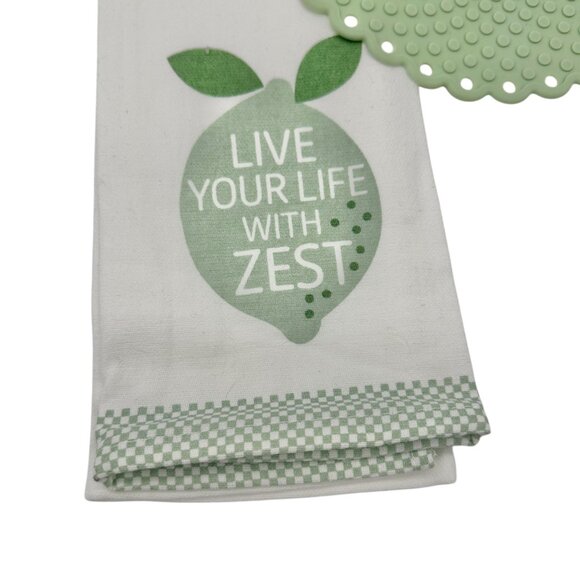 Kitchen Dish Towel and Silicone Trivet Set 2-Piece Green White Cotton Silicone - Picture 2 of 7